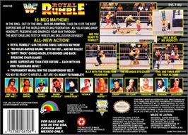 Box back cover for WWF Royal Rumble on the Nintendo SNES.