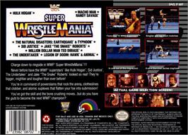 Box back cover for WWF Super Wrestlemania on the Nintendo SNES.