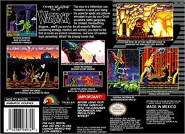 Box back cover for Warlock on the Nintendo SNES.