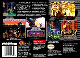 Box back cover for Warlock on the Nintendo SNES.