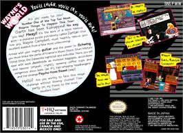Box back cover for Wayne's World on the Nintendo SNES.