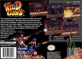 Box back cover for Wild Guns on the Nintendo SNES.