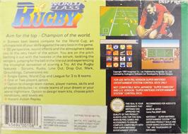 Box back cover for World Class Rugby on the Nintendo SNES.