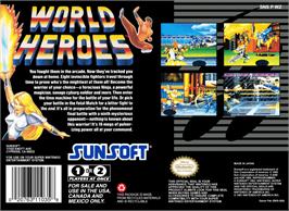 Box back cover for World Heroes on the Nintendo SNES.