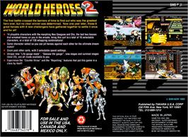 Box back cover for World Heroes 2 on the Nintendo SNES.