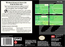 Box back cover for World League Soccer on the Nintendo SNES.