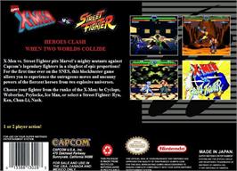Box back cover for X-men Vs. Street Fighter on the Nintendo SNES.