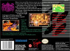 Box back cover for Young Merlin on the Nintendo SNES.