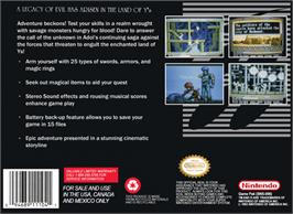 Box back cover for Ys III: Wanderers from Ys on the Nintendo SNES.