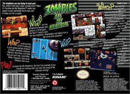 Box back cover for Zombies Ate My Neighbors on the Nintendo SNES.