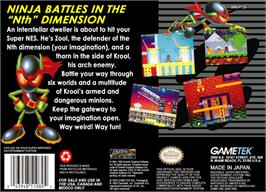 Box back cover for Zool on the Nintendo SNES.