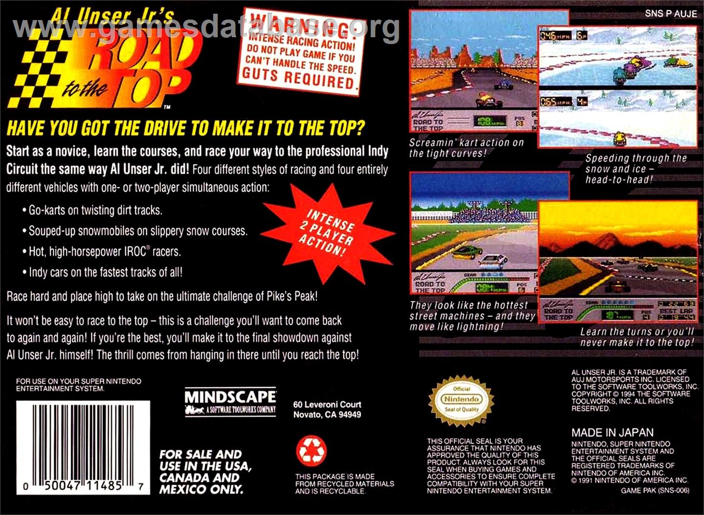 Al Unser Jr.'s Road To The Top - Nintendo SNES - Artwork - Box Back