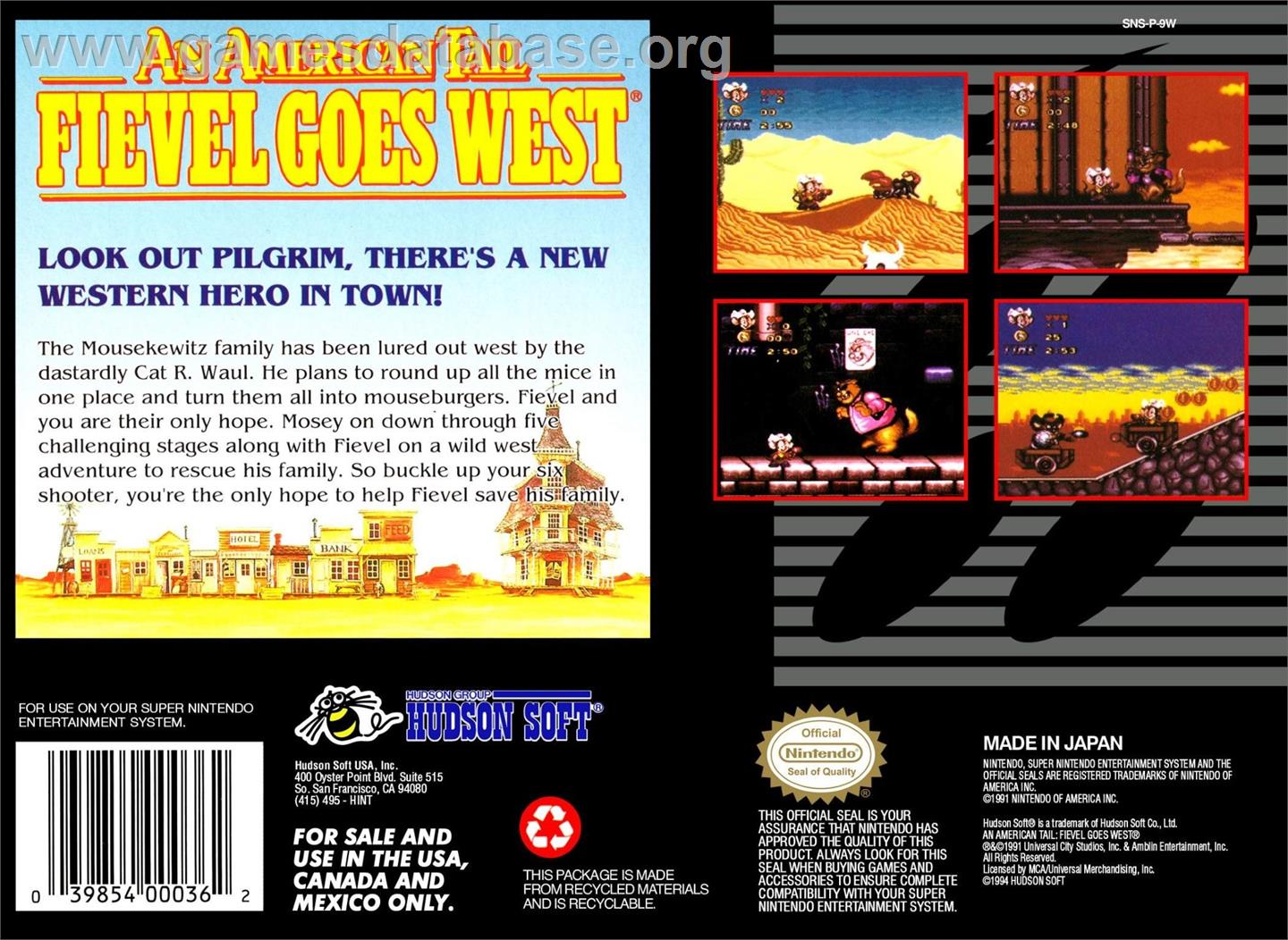 American Tail - Fievel Goes West, An - Nintendo SNES - Artwork - Box Back