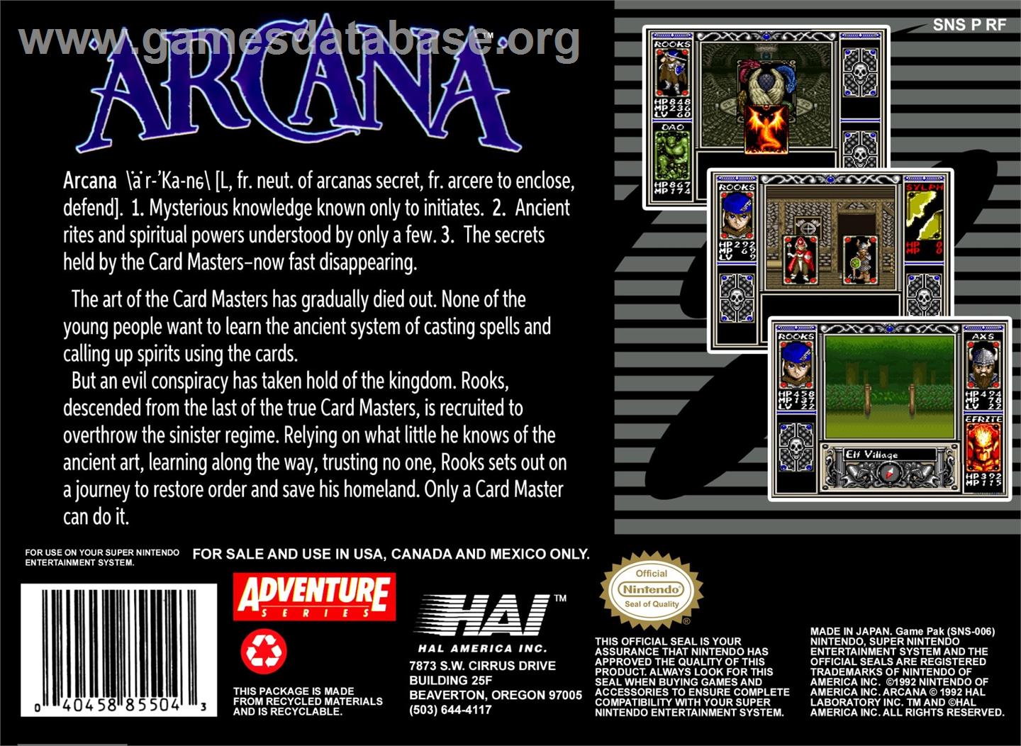 Arcana - Nintendo SNES - Artwork - Box Back