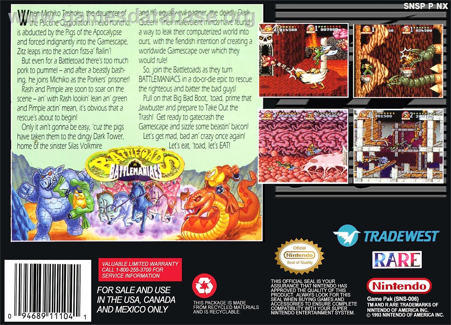 Battletoads In Battlemaniacs - Nintendo SNES - Artwork - Box Back