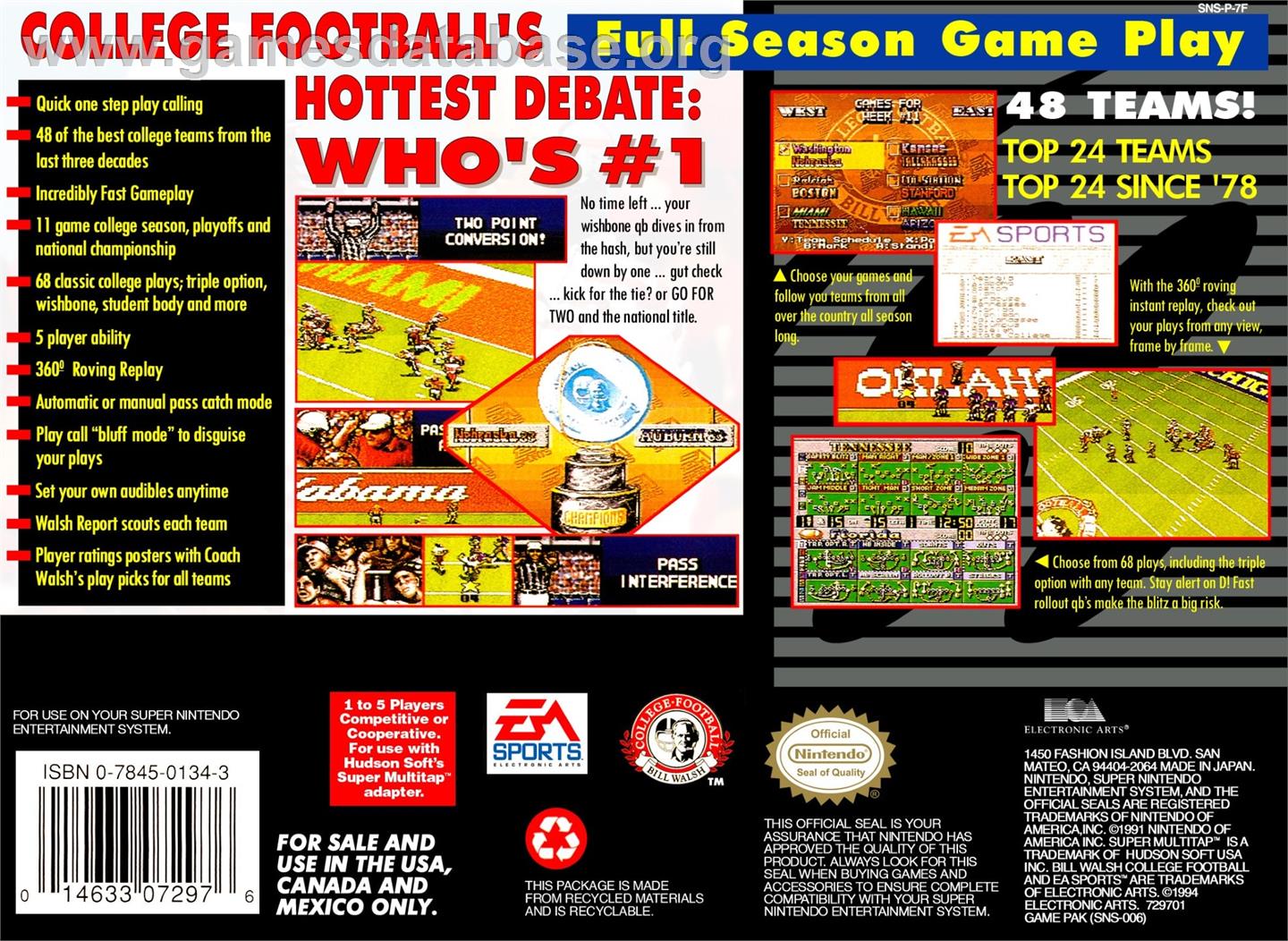 Bill Walsh College Football - Nintendo SNES - Artwork - Box Back
