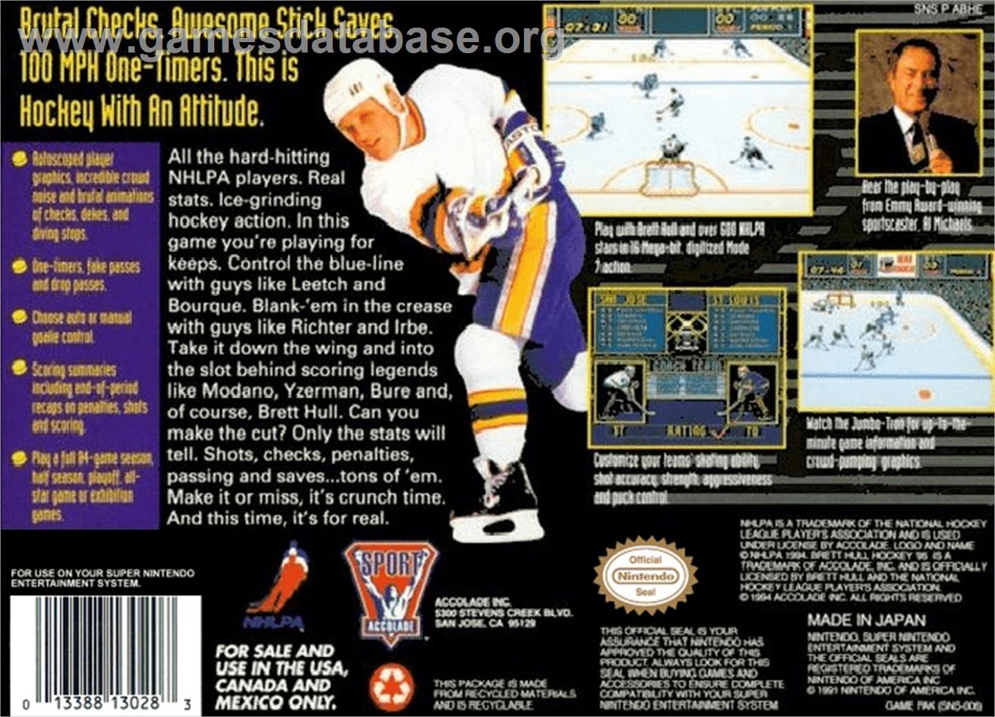 Brett Hull Hockey 95 - Nintendo SNES - Artwork - Box Back