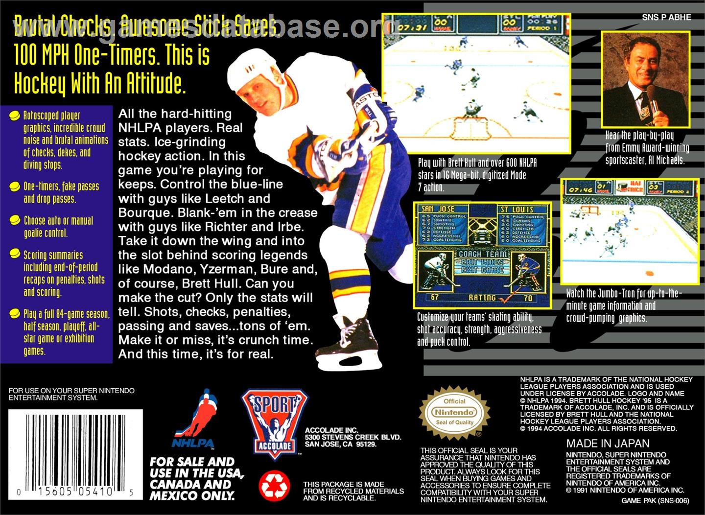 Brett Hull Hockey 95 - Nintendo SNES - Artwork - Box Back