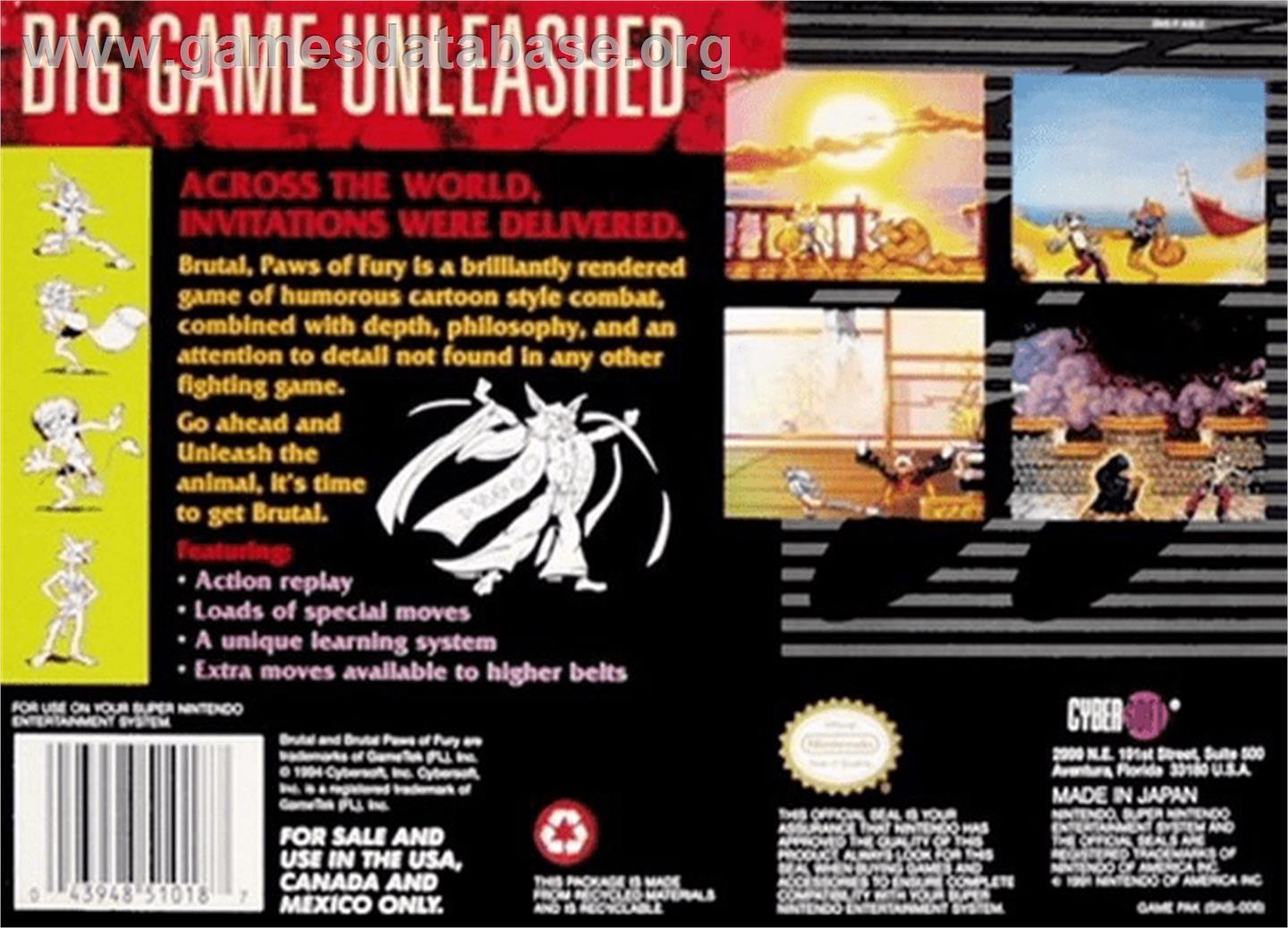 Brutal: Paws of Fury - Nintendo SNES - Artwork - Box Back