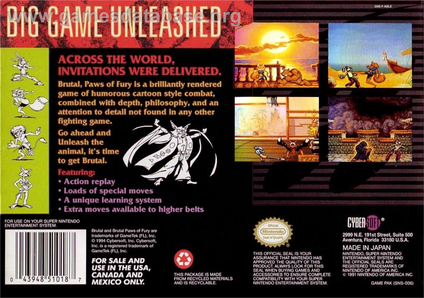 Brutal - Paws Of Fury - Nintendo SNES - Artwork - Box Back
