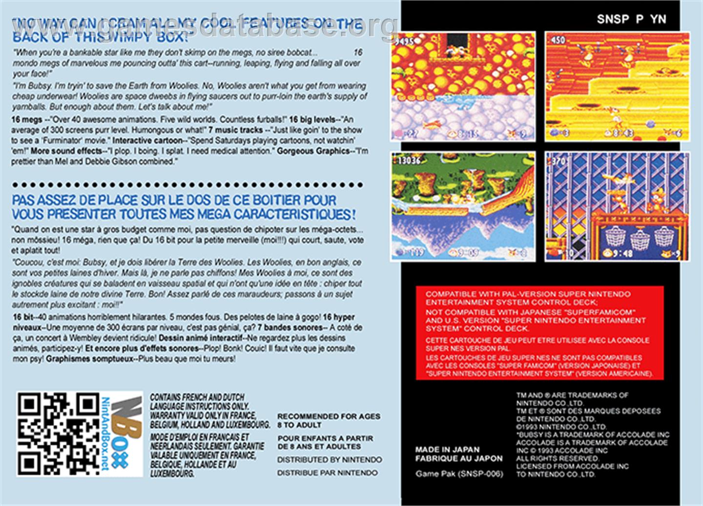 Bubsy in: Claws Encounters of the Furred Kind - Nintendo SNES - Artwork - Box Back
