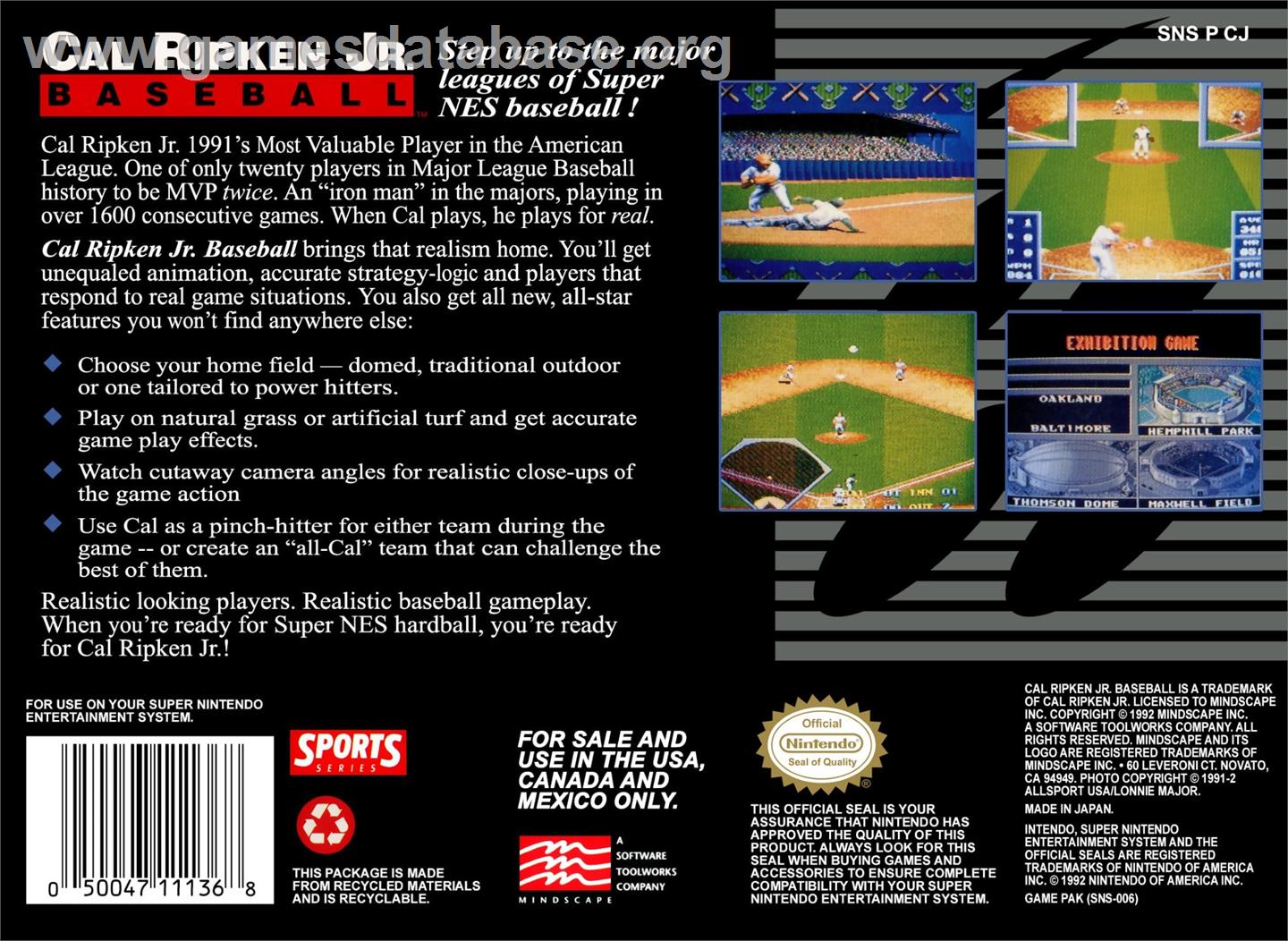 Cal Ripken Jr. Baseball - Nintendo SNES - Artwork - Box Back