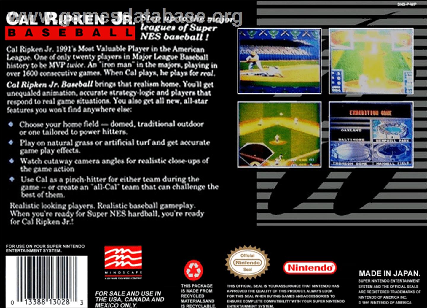 Cal Ripken Jr. Baseball - Nintendo SNES - Artwork - Box Back