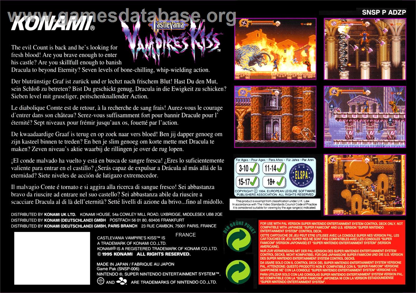 Castlevania: Vampire's Kiss - Nintendo SNES - Artwork - Box Back