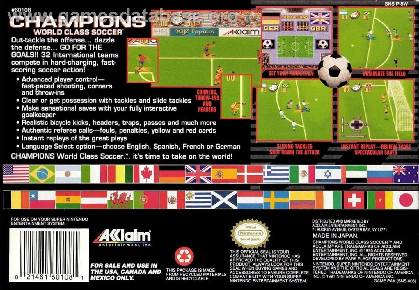 Champions World Class Soccer - Nintendo SNES - Artwork - Box Back