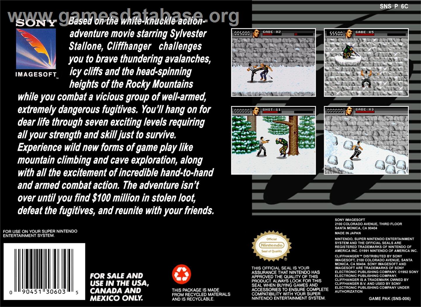 Cliffhanger - Nintendo SNES - Artwork - Box Back