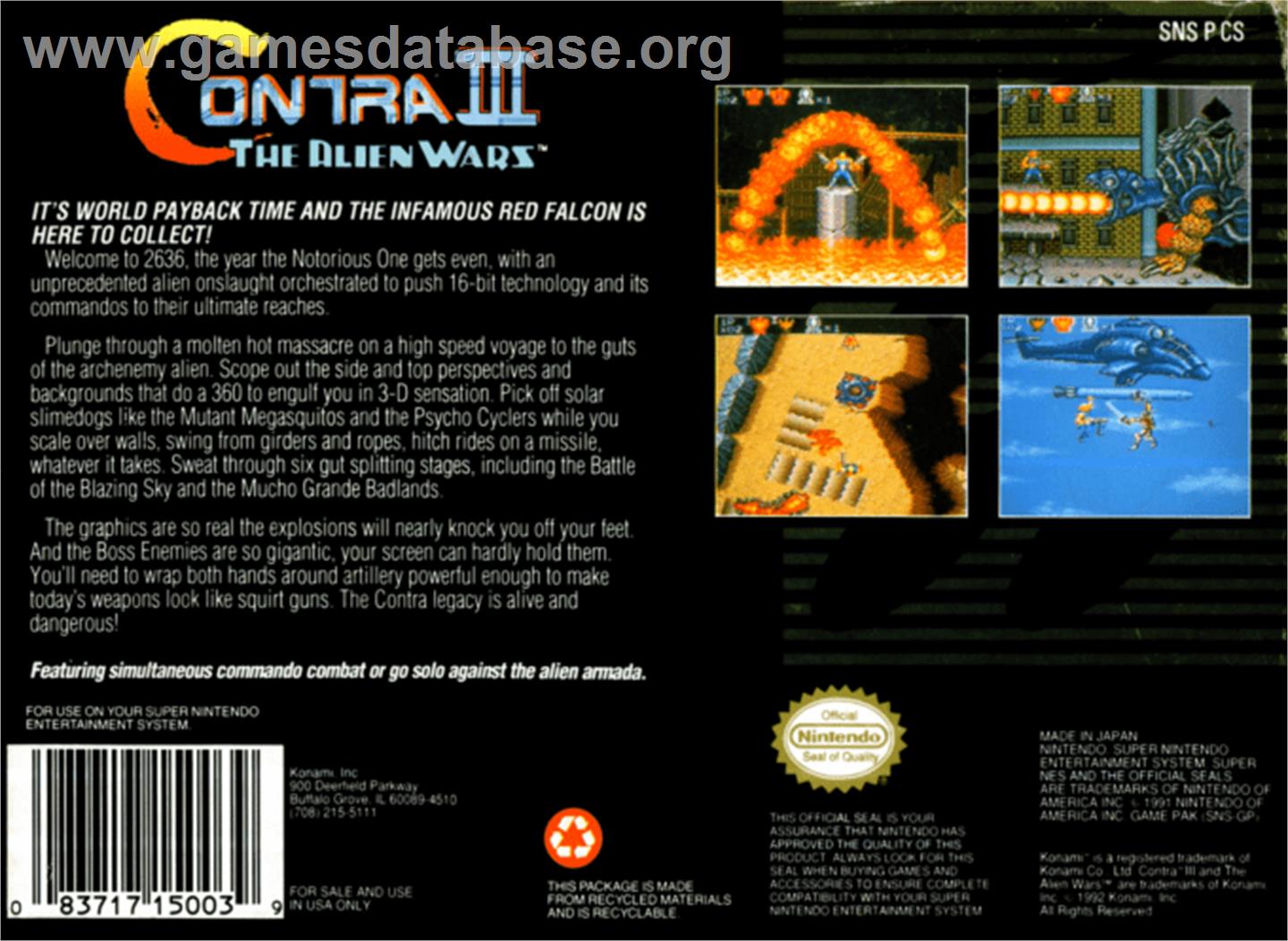 Contra III: The Alien Wars - Nintendo SNES - Artwork - Box Back