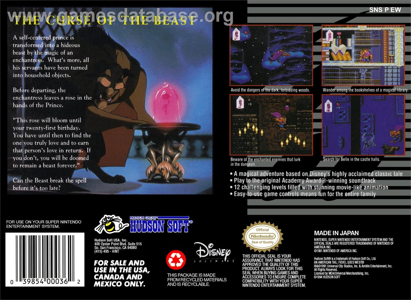 Disney's Beauty And The Beast - Nintendo SNES - Artwork - Box Back