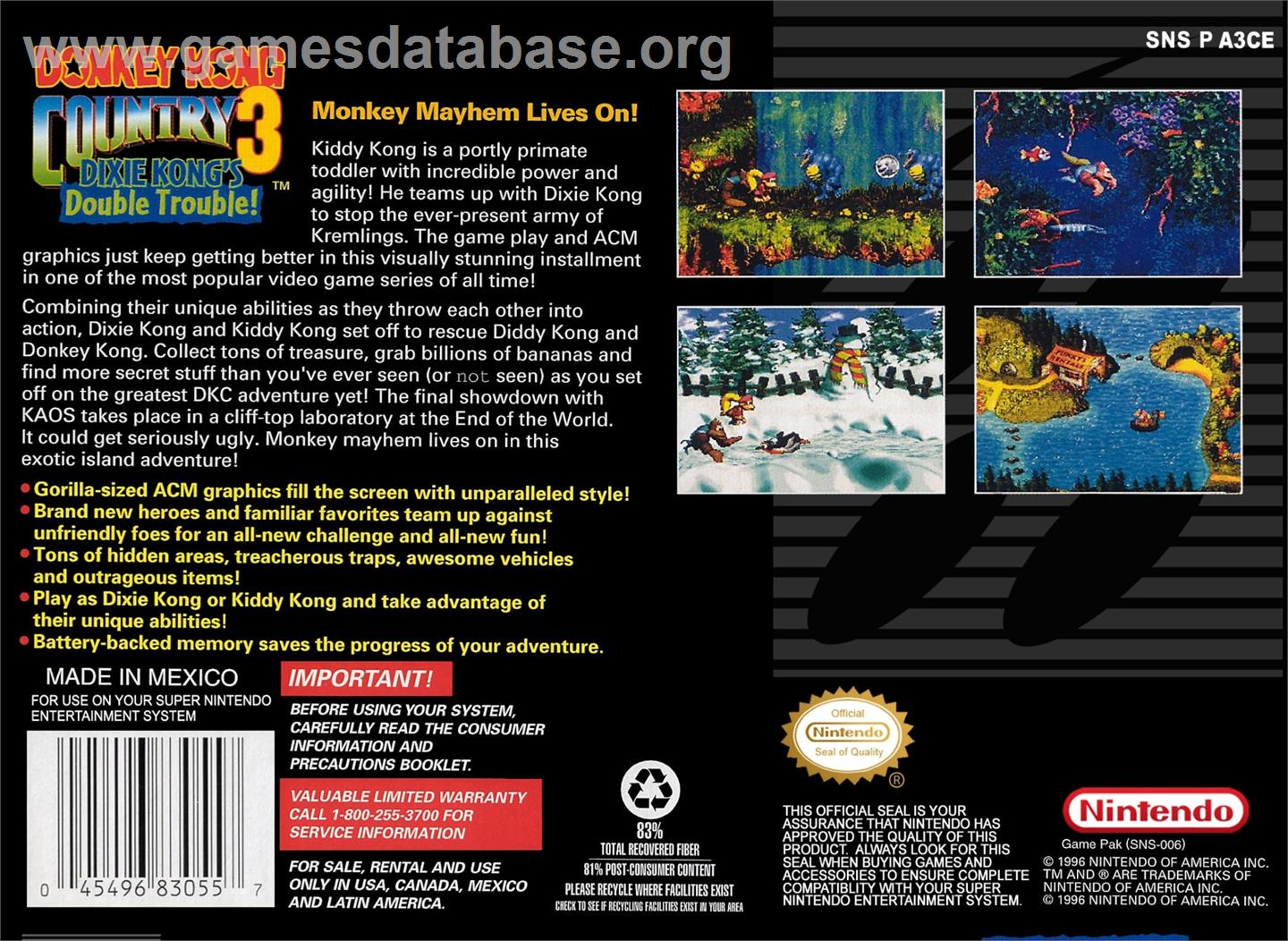 Donkey Kong Country 3 - Dixie Kong's Double Trouble - Nintendo SNES - Artwork - Box Back