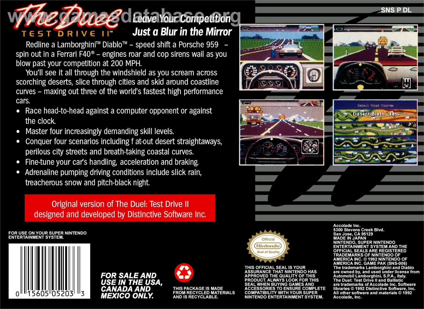 Duel, The - Test Drive 2 - Nintendo SNES - Artwork - Box Back