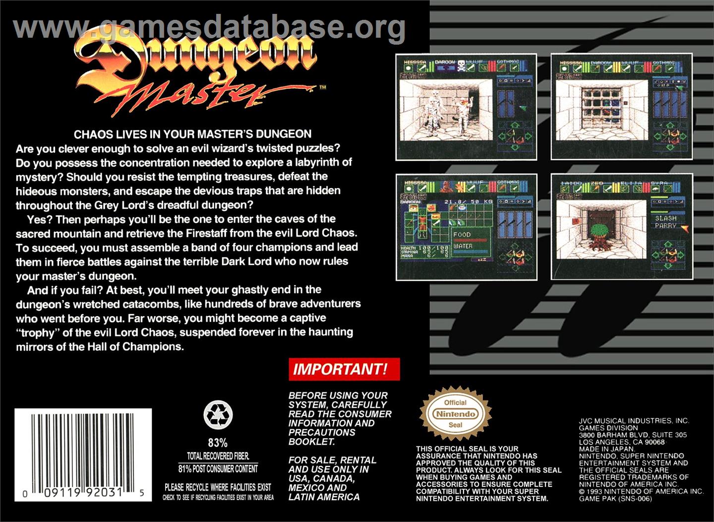 Dungeon Master - Nintendo SNES - Artwork - Box Back