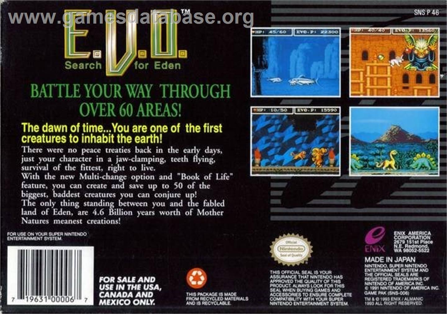 E.v.o. - Search For Eden - Nintendo SNES - Artwork - Box Back
