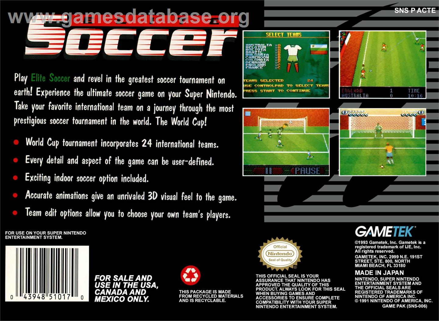 Elite Soccer - Nintendo SNES - Artwork - Box Back
