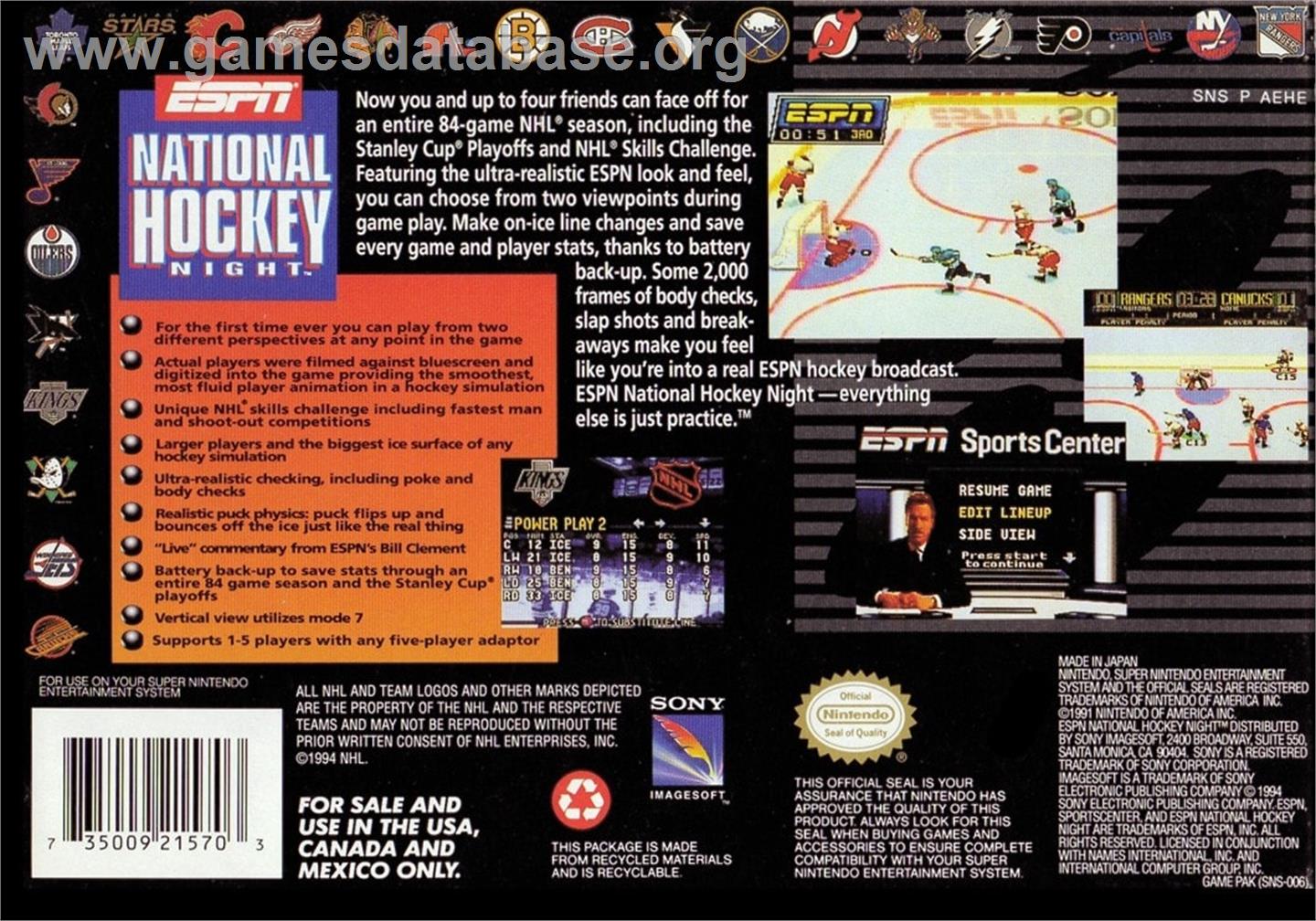 Espn National Hockey Night - Nintendo SNES - Artwork - Box Back