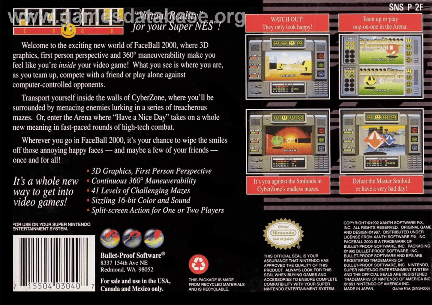 Faceball 2000 - Nintendo SNES - Artwork - Box Back