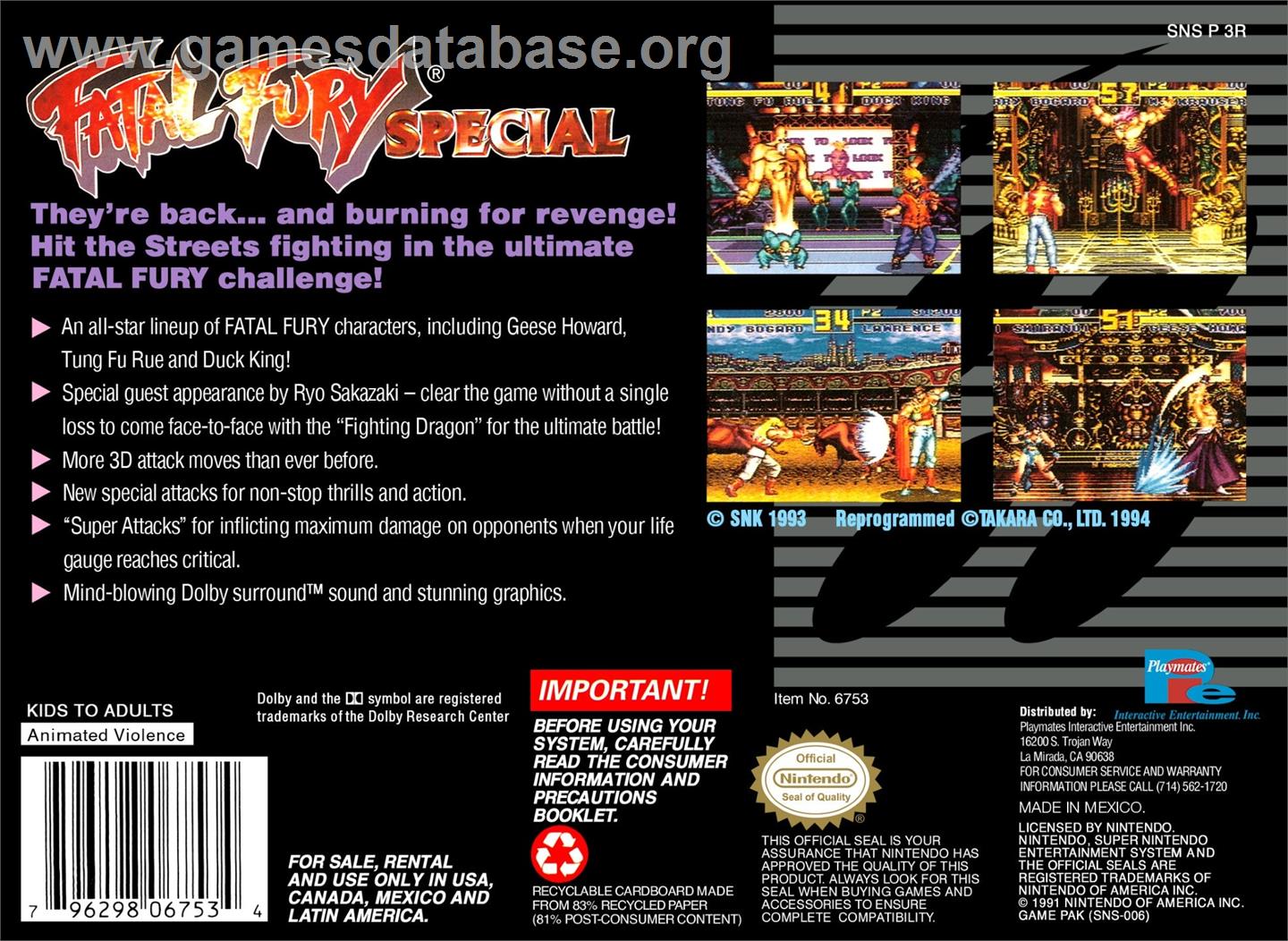 Fatal Fury Special - Nintendo SNES - Artwork - Box Back