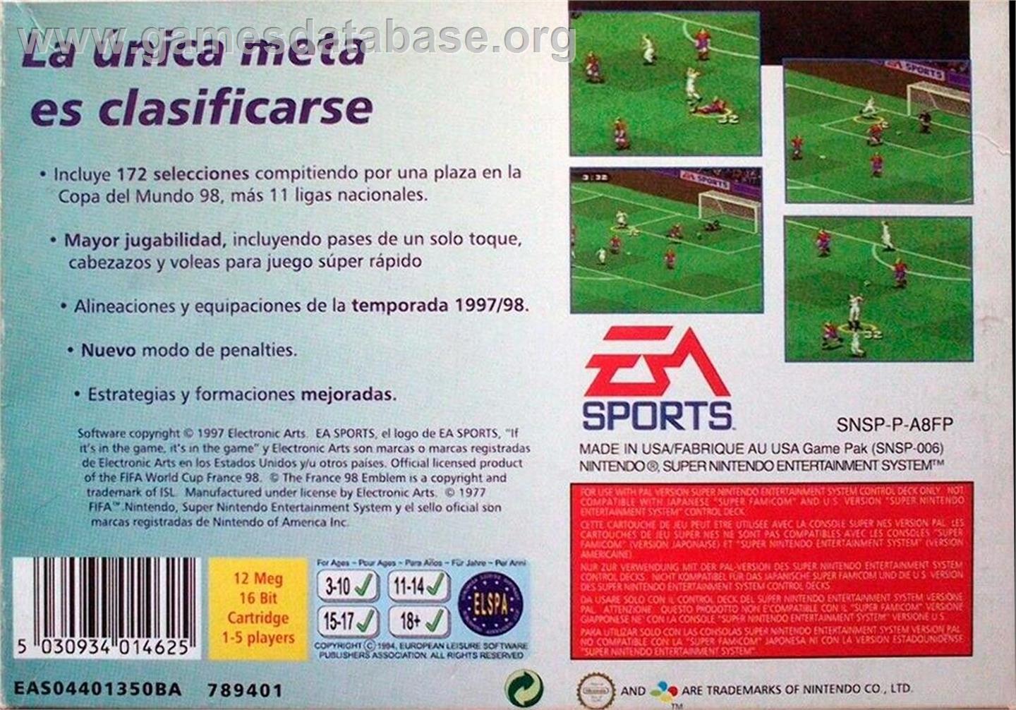 Fifa 98 - Road To World Cup - Nintendo SNES - Artwork - Box Back