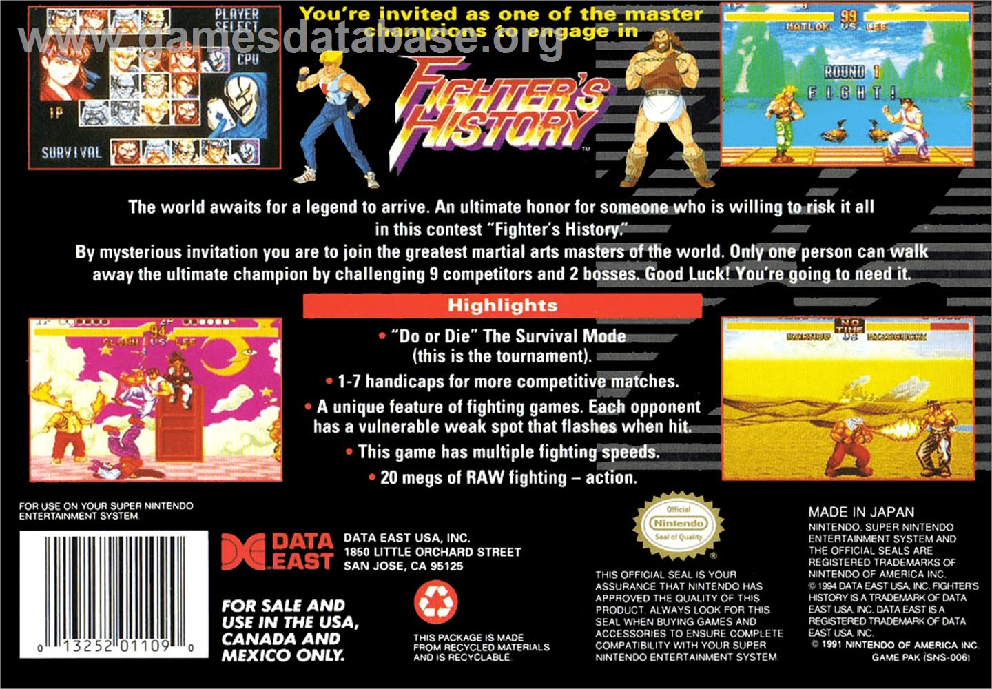 Fighter's History - Nintendo SNES - Artwork - Box Back