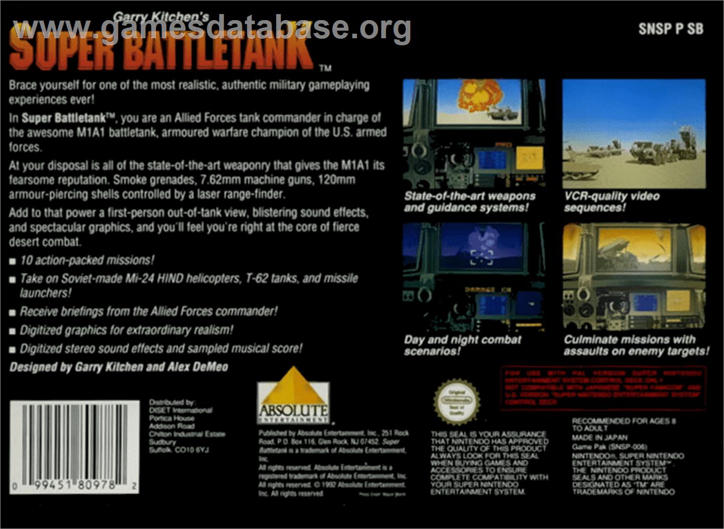 Garry Kitchen's Super Battletank: War in the Gulf - Nintendo SNES - Artwork - Box Back
