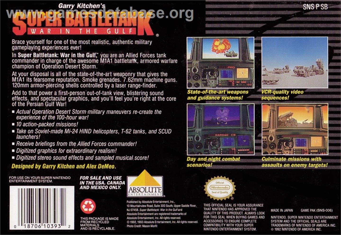 Garry Kitchen's Super Battletank - War In The Gulf - Nintendo SNES - Artwork - Box Back