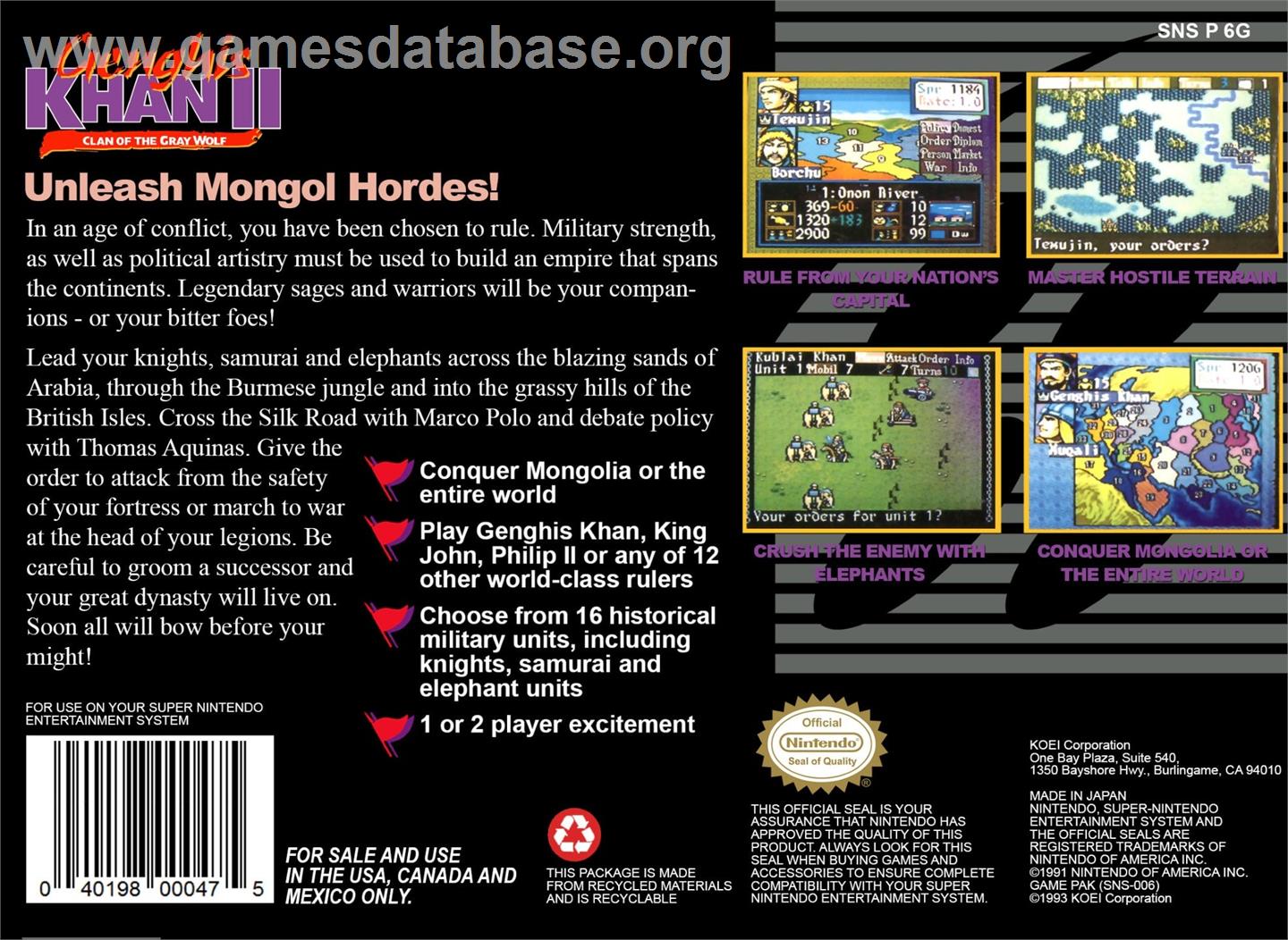 Genghis Khan 2 - Clan Of The Grey Wolf - Nintendo SNES - Artwork - Box Back