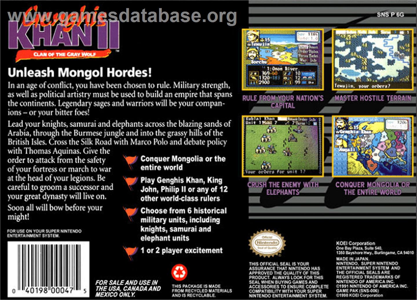 Genghis Khan II: Clan of the Grey Wolf - Nintendo SNES - Artwork - Box Back