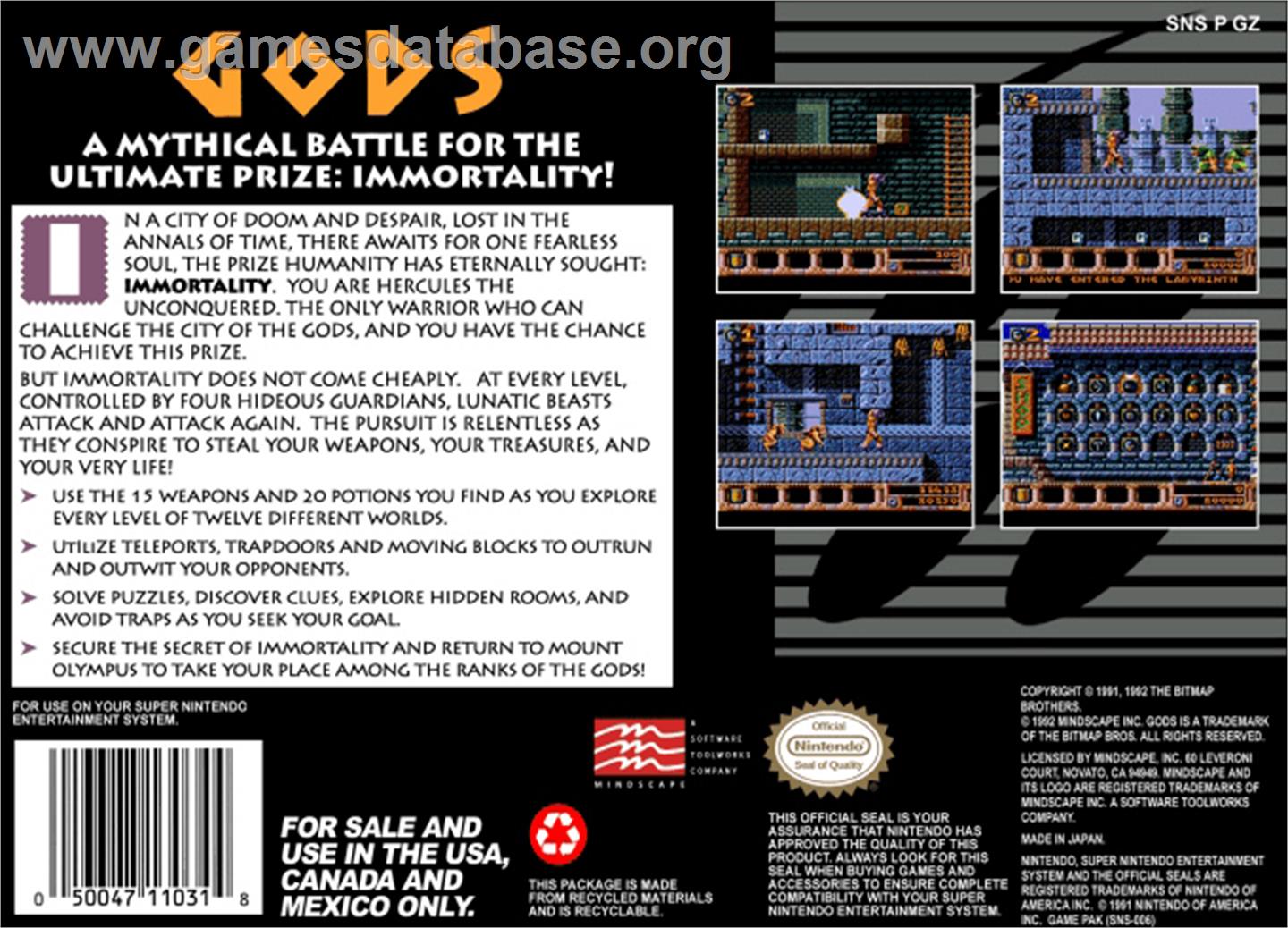 Gods - Nintendo SNES - Artwork - Box Back