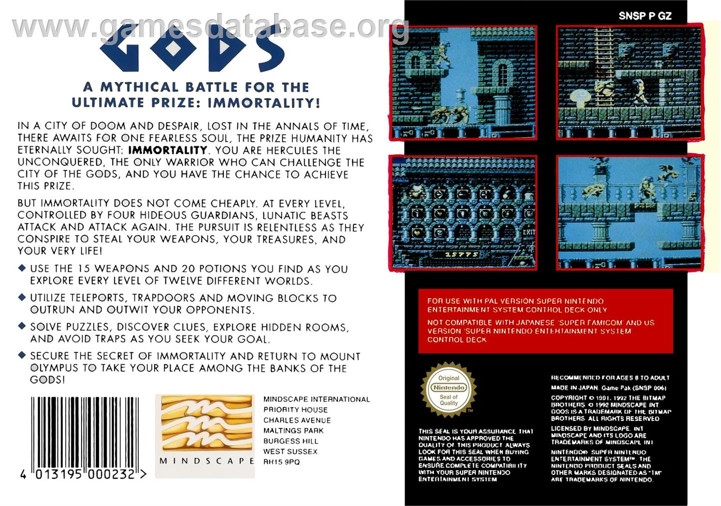 Gods - Nintendo SNES - Artwork - Box Back
