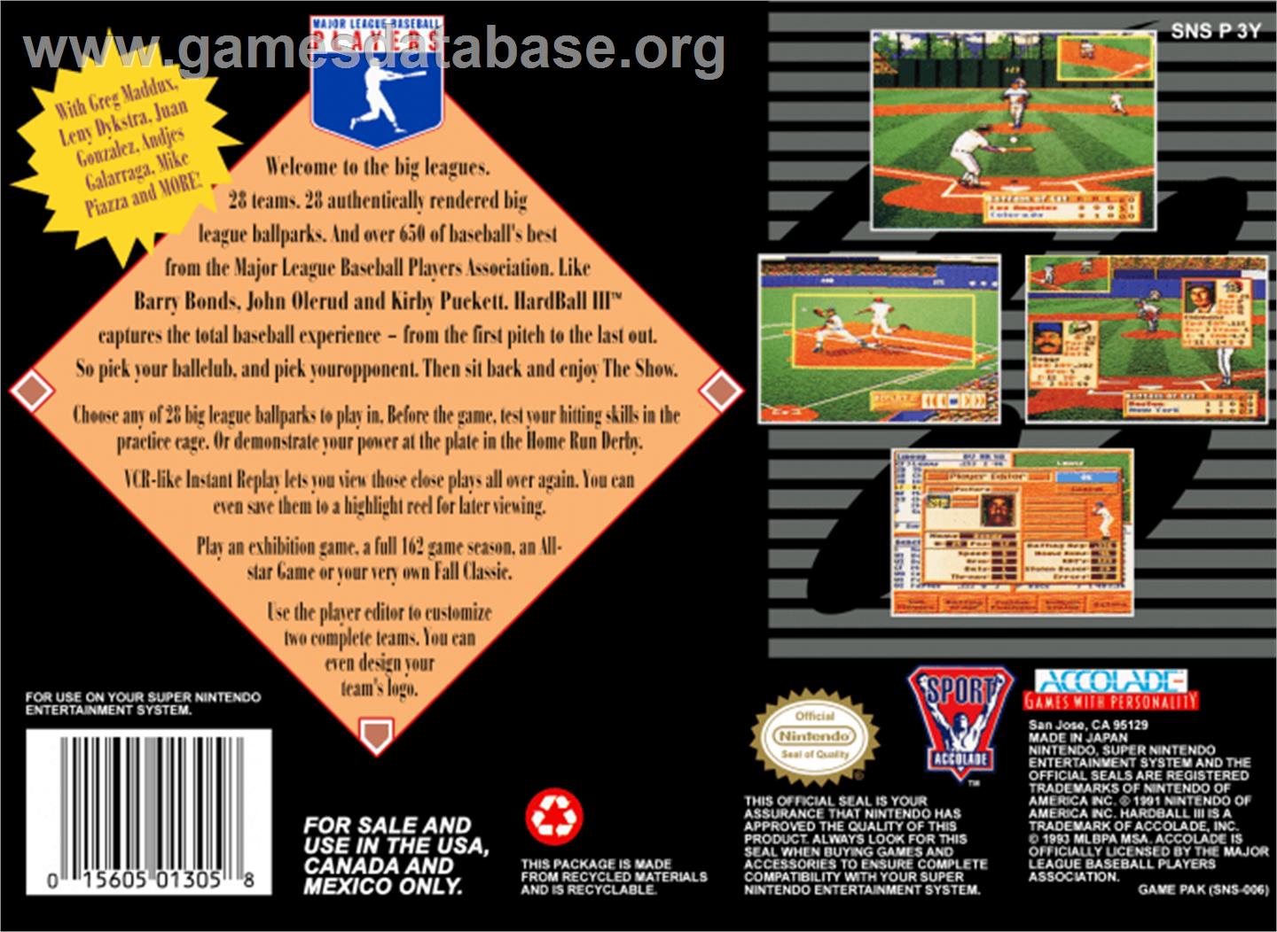 HardBall III - Nintendo SNES - Artwork - Box Back