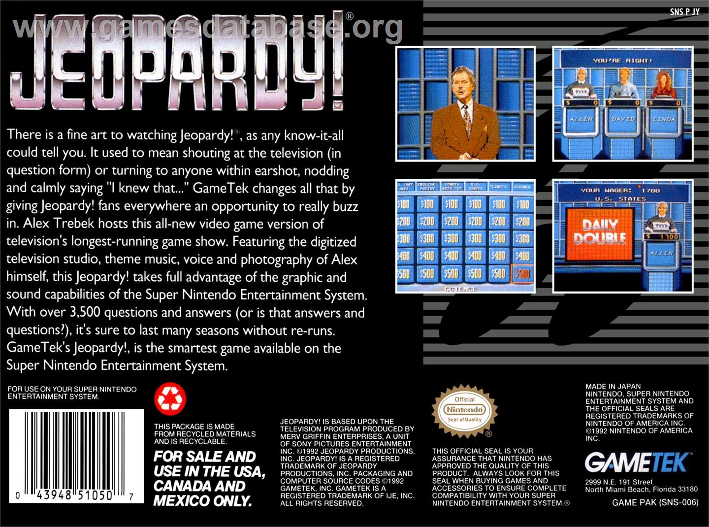 Jeopardy! - Nintendo SNES - Artwork - Box Back